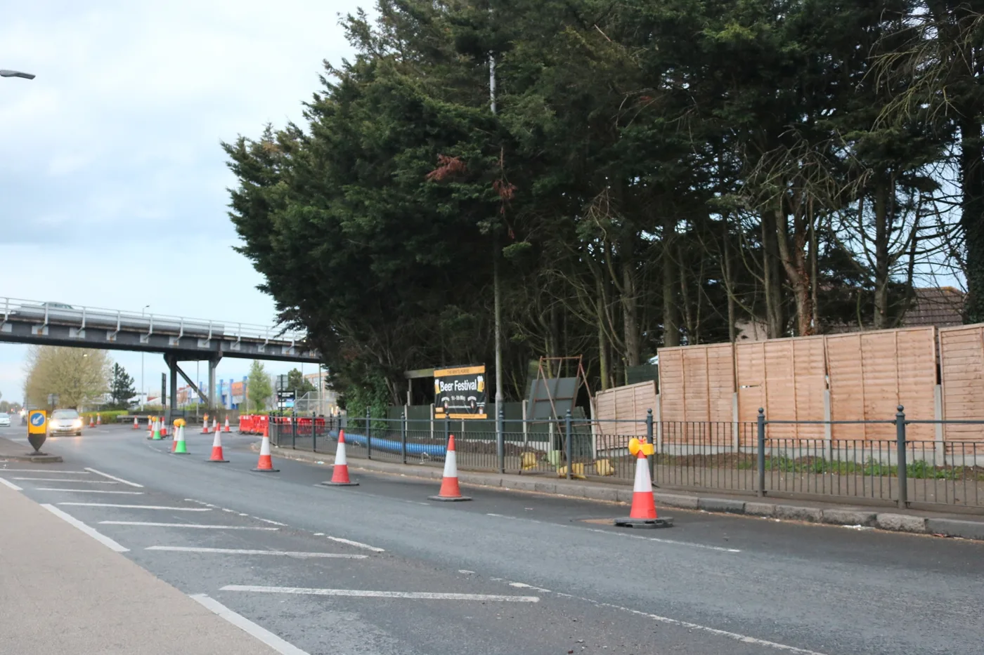The coned-off approach to the Gallows Corner flyover in April 2025, a month into the refurbishment