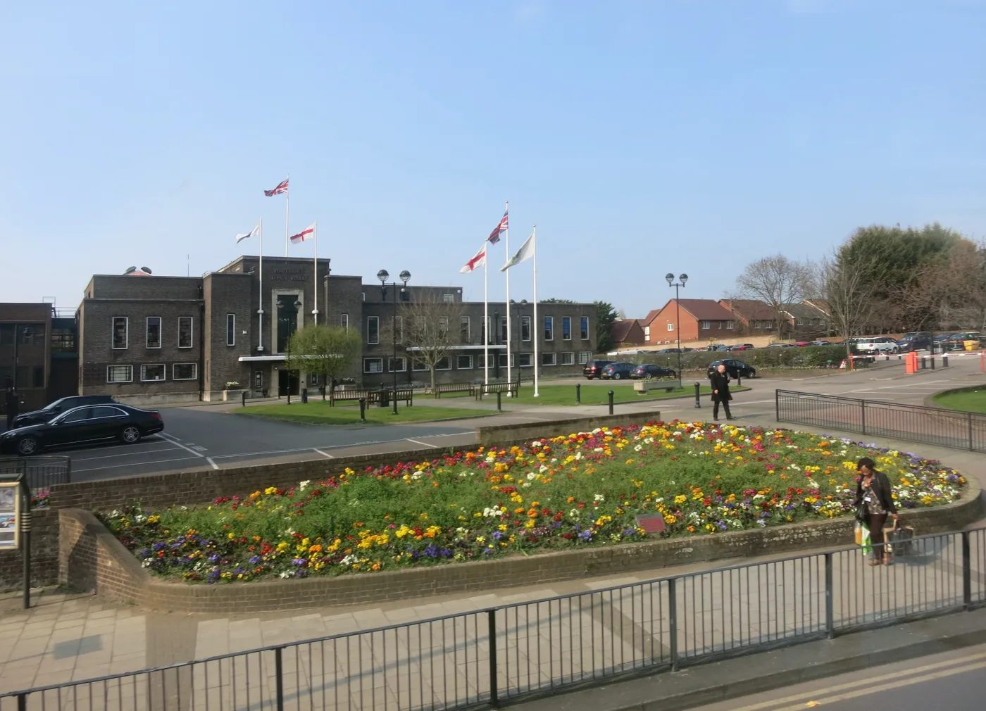 Havering Town Hall on Main Road, Romford, with the Town Hall car park behind. Its rear section only opens at weekends.