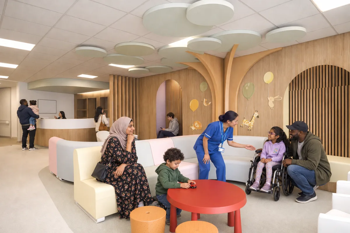 An illustration of the planned children's A&E waiting area at Queen's Hospital, with clinicians talking to young children and their families.